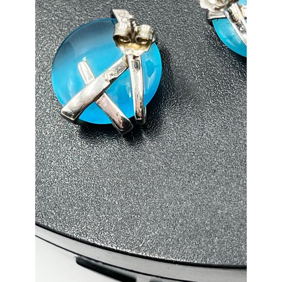 DOBBS 925 PE Sterling Silver Blue Stone Cabochon Pierced Earrings Vintage 5/8" - Picture 6 of 16